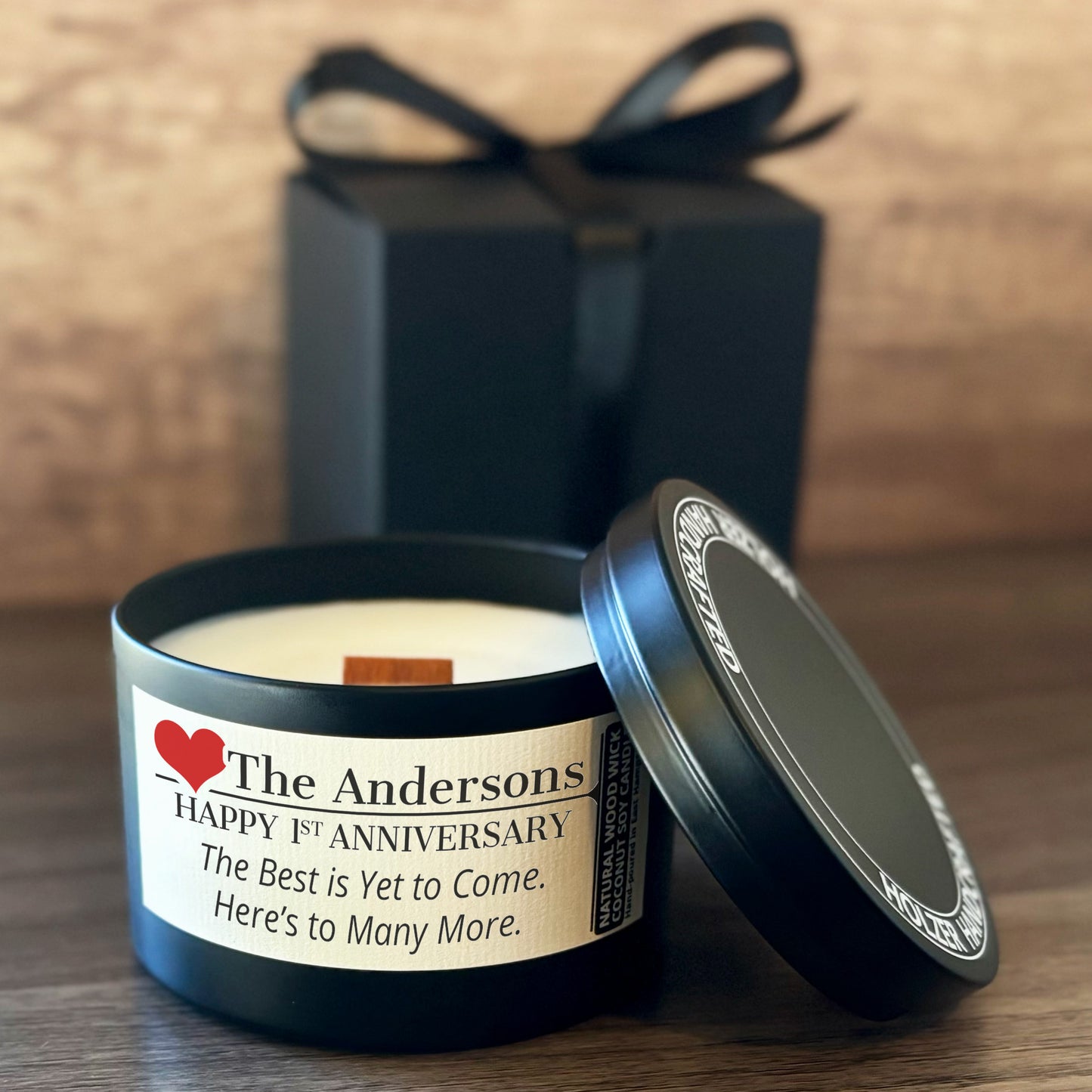 Personalized Wood Wick Candle - Custom Couples Anniversary Keepsake, Coconut Soy Wax, 6oz
