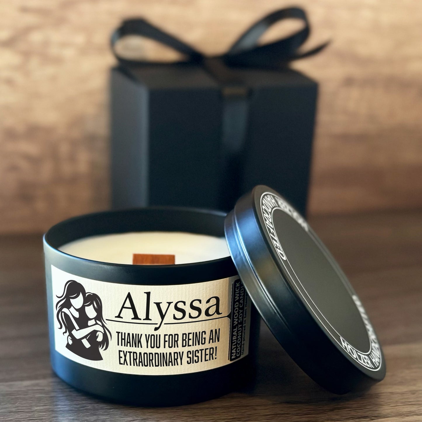 Personalized Wood Wick Candle - Custom Best Sister Keepsake, Coconut Soy Wax, 6oz