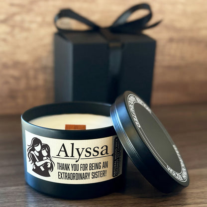 Personalized Wood Wick Candle - Custom Best Sister Keepsake, Coconut Soy Wax, 6oz