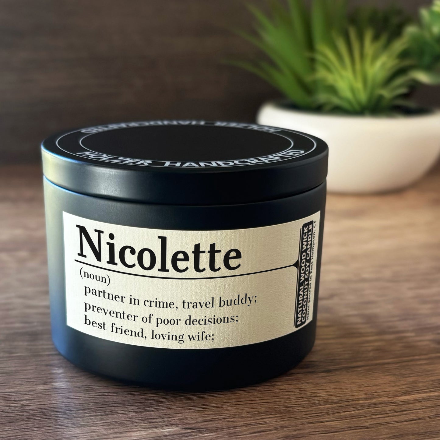 Personalized Wood Wick Candle - Custom Name, Noun, Definition Keepsake, Coconut Soy Wax, 6oz