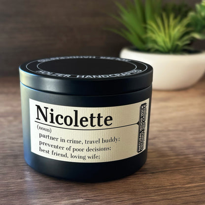 Personalized Wood Wick Candle - Custom Name, Noun, Definition Keepsake, Coconut Soy Wax, 6oz