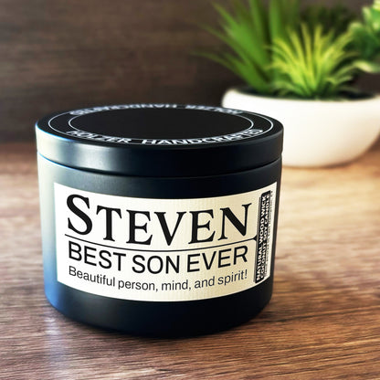Personalized Wood Wick Candle - Custom Best Son Keepsake, Coconut Soy Wax, 6oz