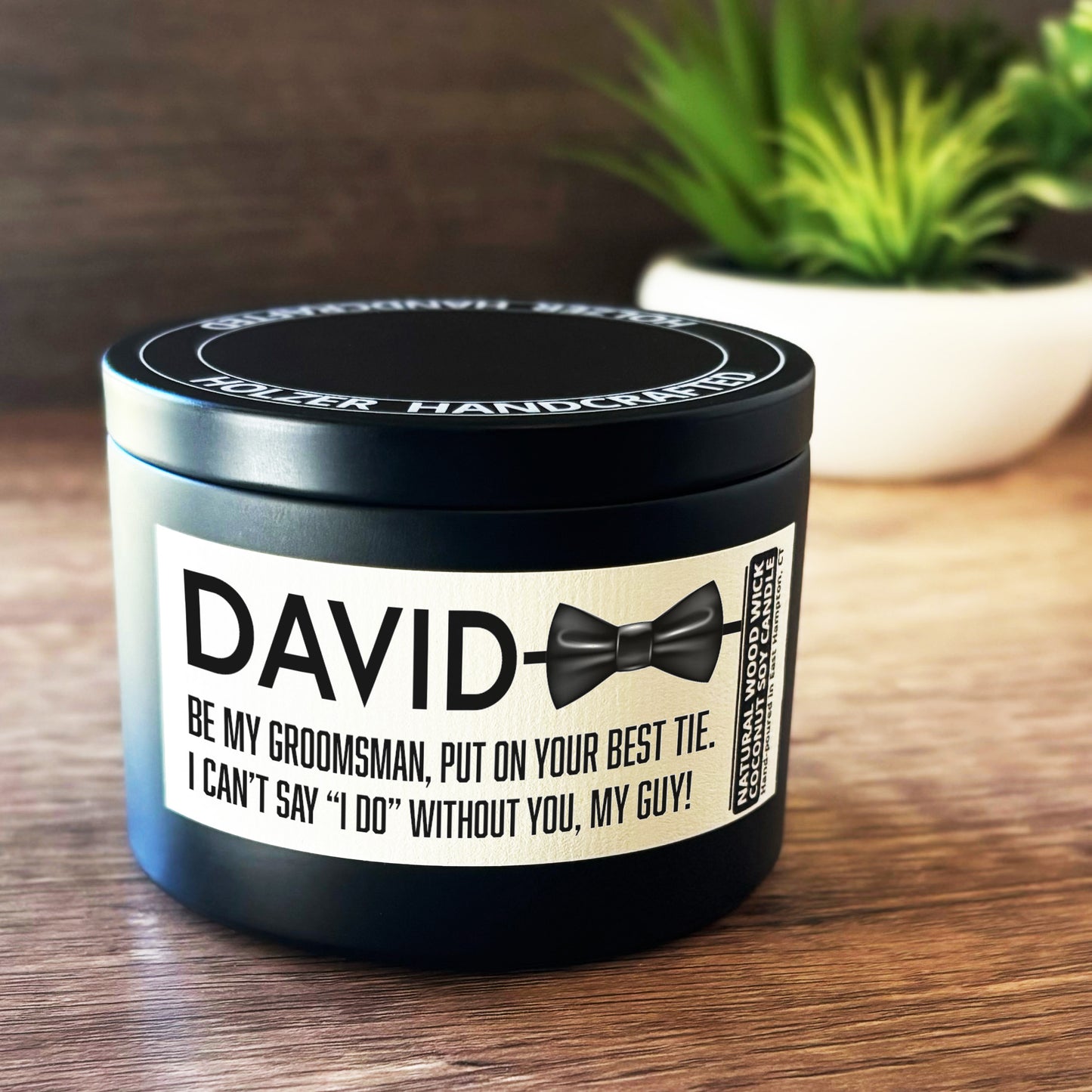 Personalized Wood Wick Candle - Custom Groomsman, Best Man Keepsake, Coconut Soy Wax, 6oz