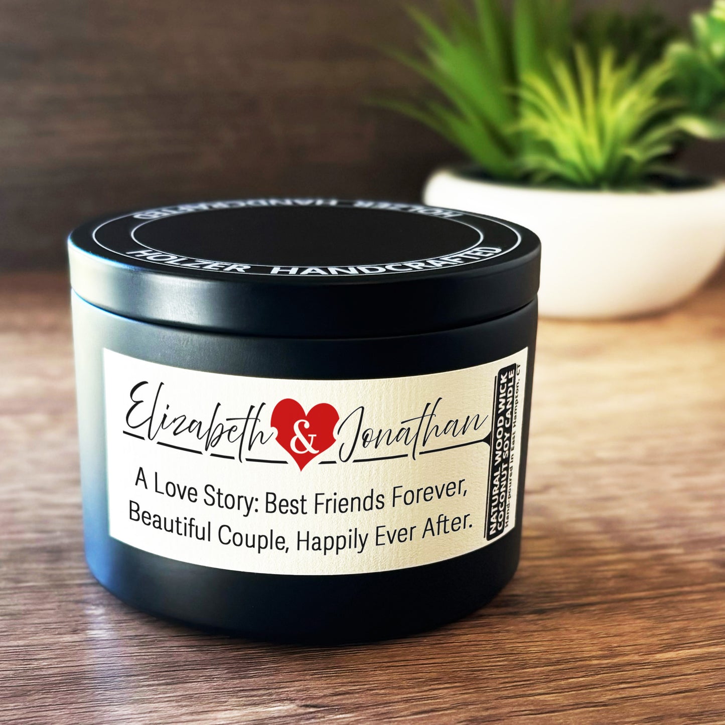 Personalized Wood Wick Candle - Custom Couples Keepsake, Coconut Soy Wax, 6oz