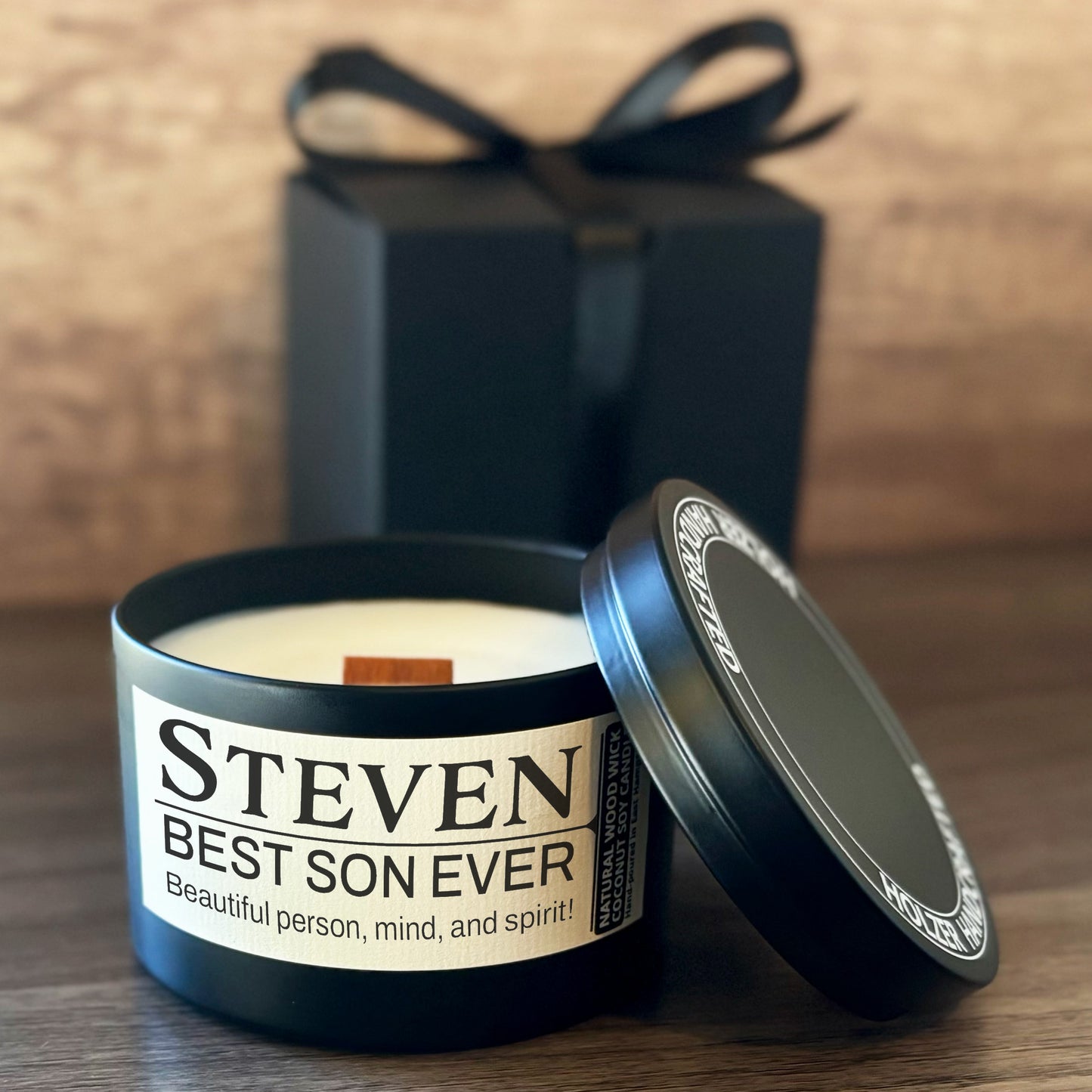 Personalized Wood Wick Candle - Custom Best Son Keepsake, Coconut Soy Wax, 6oz