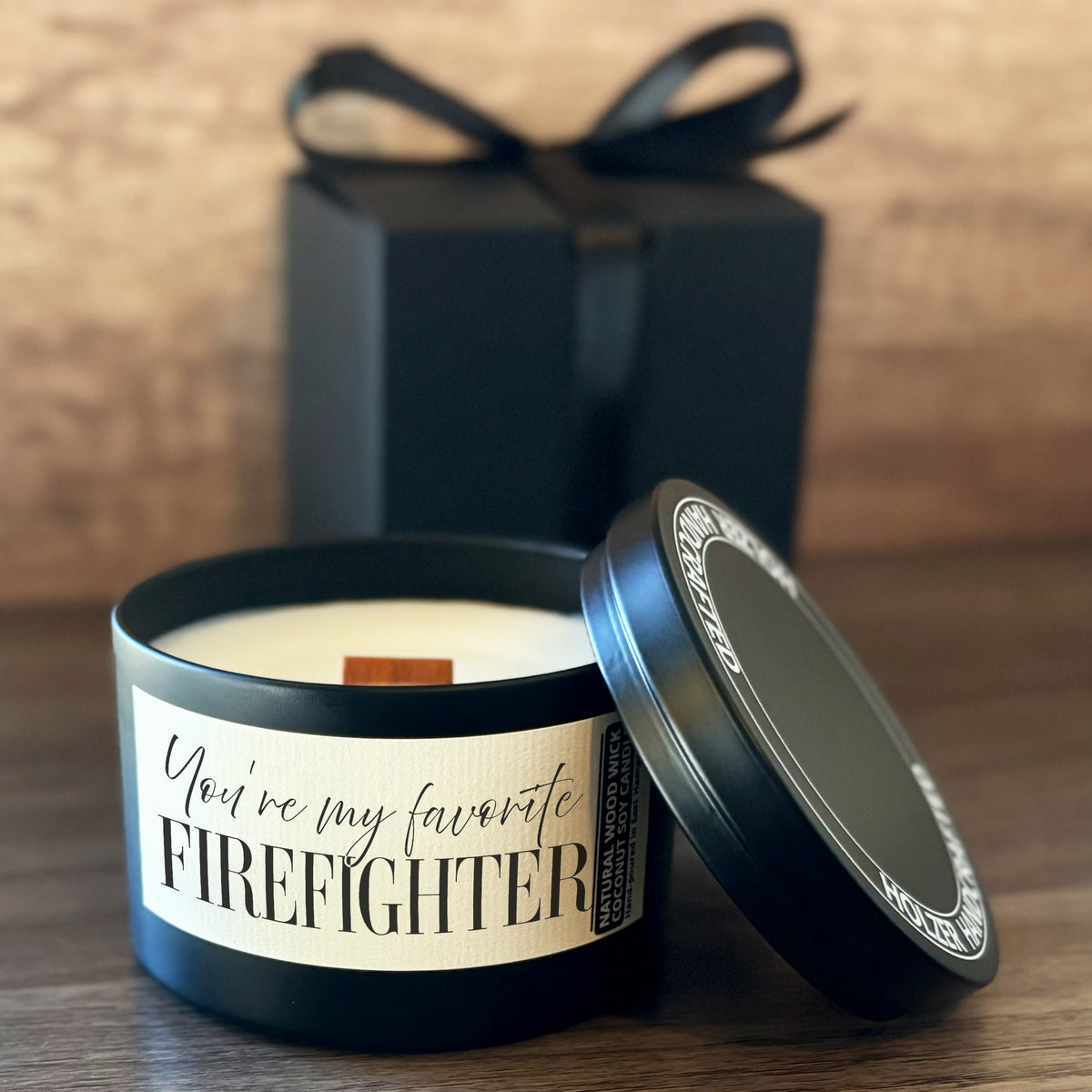 My Favorite Firefighter Custom Wood Wick Candle, Coconut Soy Wax, 8oz Tin