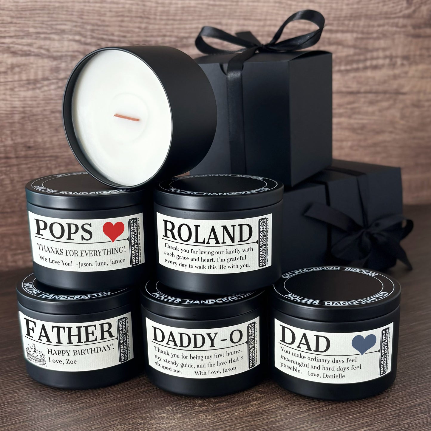 Personalized Wood Wick Candle - Custom Dad, Grandpa, Special Guy Keepsake, Coconut Soy Wax, 6oz