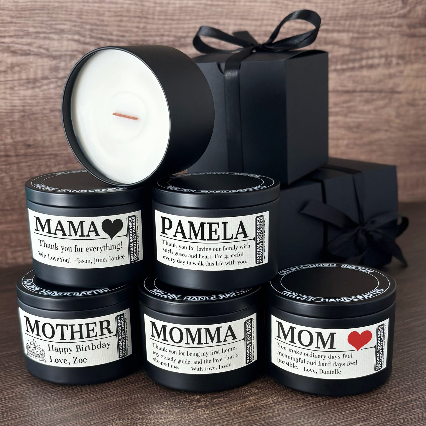 Personalized Wood Wick Candle - Custom Mom, Grandma Keepsake, Coconut Soy Wax, 6oz