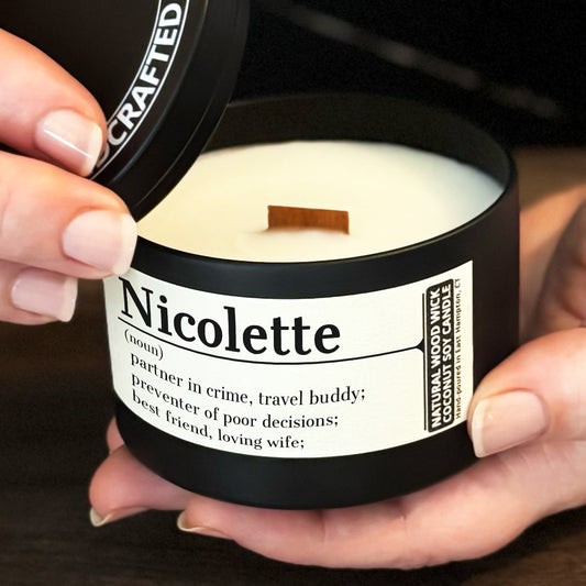 Personalized Wood Wick Candle - Custom Name, Noun, Definition Keepsake, Coconut Soy Wax, 8oz Tin