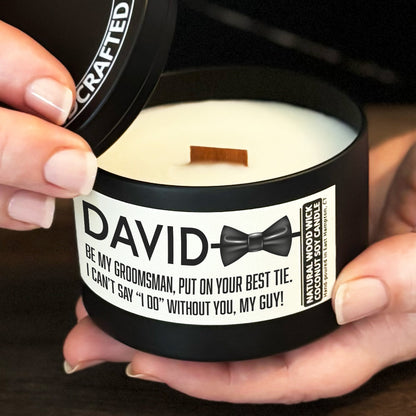 Personalized Wood Wick Candle - Custom Groomsman, Best Man Keepsake, Coconut Soy Wax, 6oz