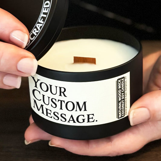 Personalized Wood Wick Candle - Your Custom Text Keepsake, Coconut Soy Wax, 8oz Tin