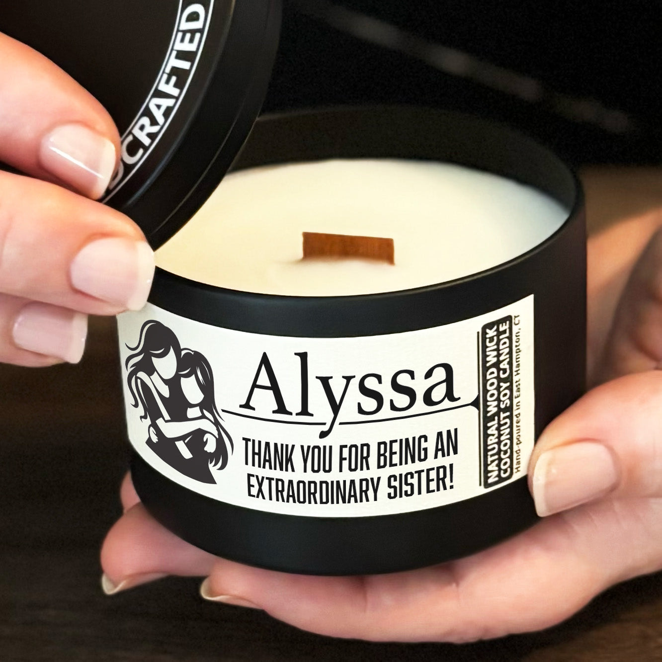 Personalized Wood Wick Candle - Custom Best Sister Keepsake, Coconut Soy Wax, 6oz