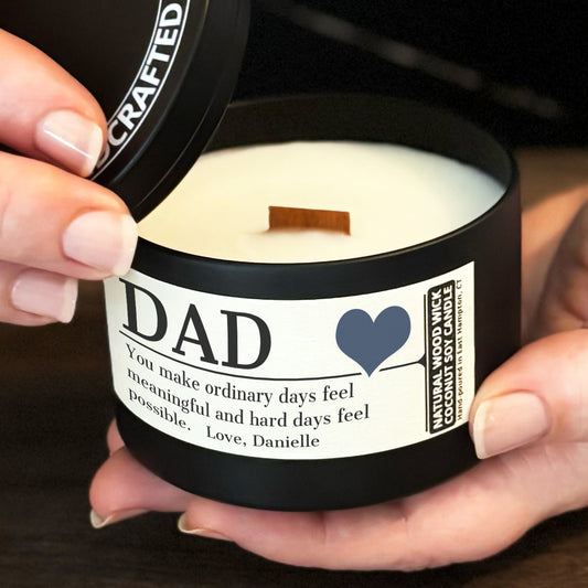 Personalized Wood Wick Candle - Custom Dad, Grandpa, Special Guy Keepsake, Coconut Soy Wax, 8oz Tin