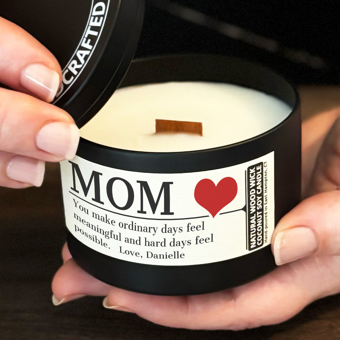 Personalized Wood Wick Candle - Custom Mom, Grandma Keepsake, Coconut Soy Wax, 6oz