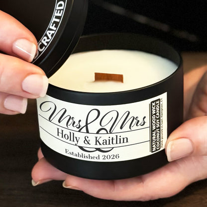 Personalized Wood Wick Candle - Custom Mrs & Mrs Wedding Keepsake, Coconut Soy Wax, 6oz