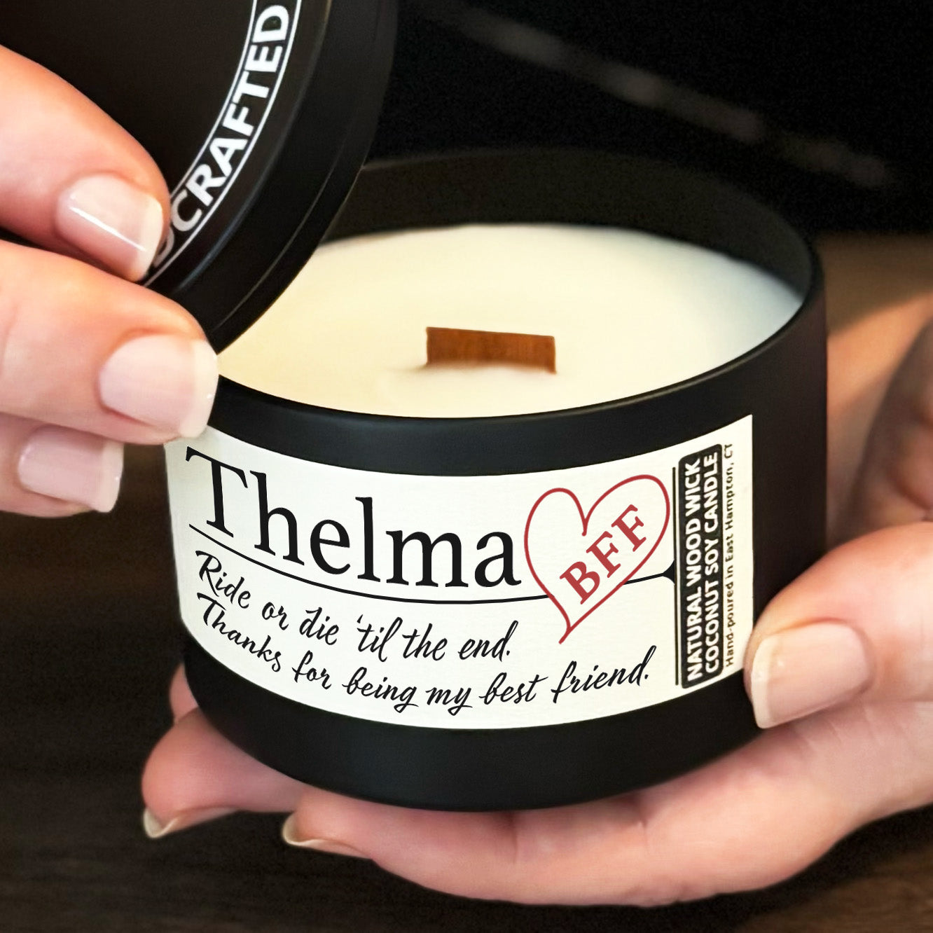 Personalized Wood Wick Candle - Custom Best Friend Keepsake, Coconut Soy Wax, 6oz