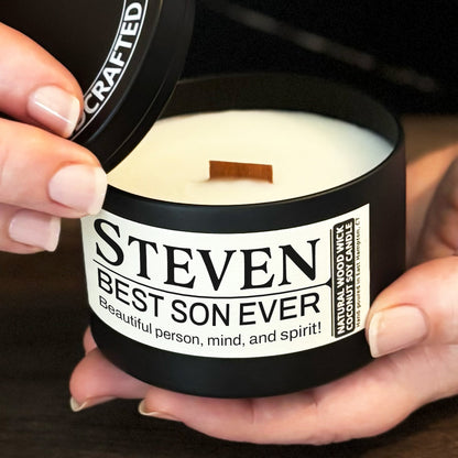 Personalized Wood Wick Candle - Custom Best Son Keepsake, Coconut Soy Wax, 6oz
