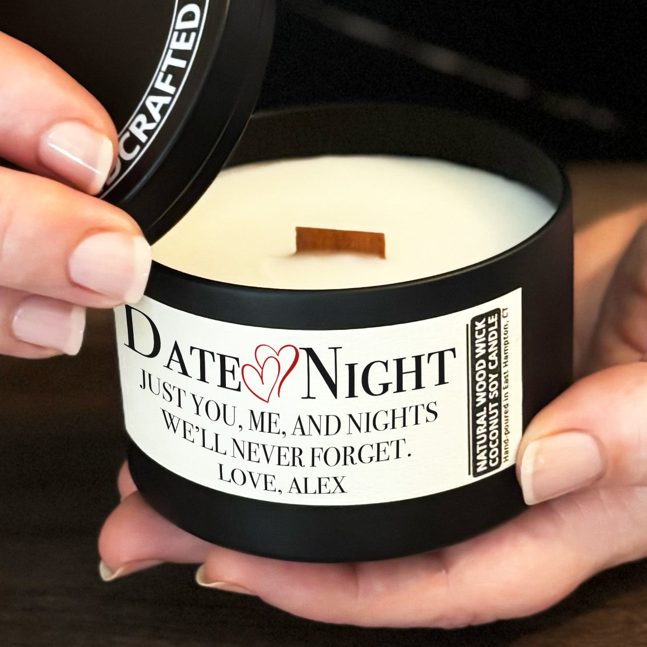Personalized Wood Wick Candle - Couples Date Night Keepsake, Coconut Soy Wax, 6oz
