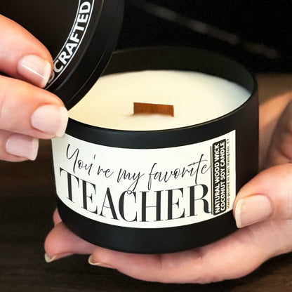 My Favorite Teacher Custom Wood Wick Candle, Coconut Soy Wax, 8oz Tin