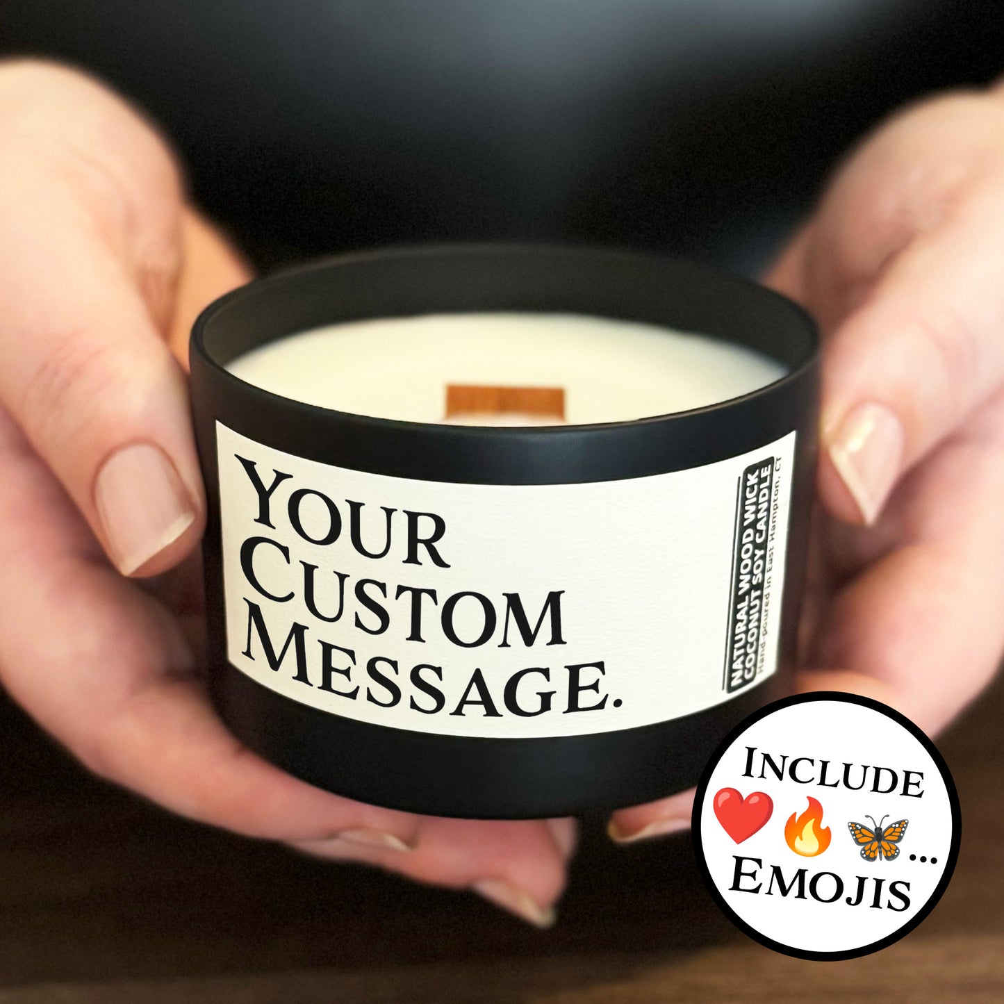 Personalized Wood Wick Candle - Your Custom Text Keepsake, Coconut Soy Wax, 6oz