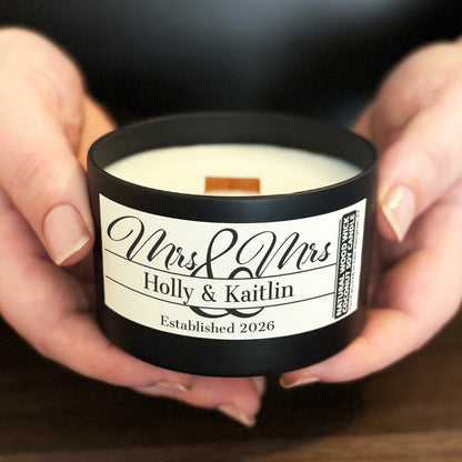 Personalized Wood Wick Candle - Custom Mrs & Mrs Wedding Keepsake, Coconut Soy Wax, 6oz