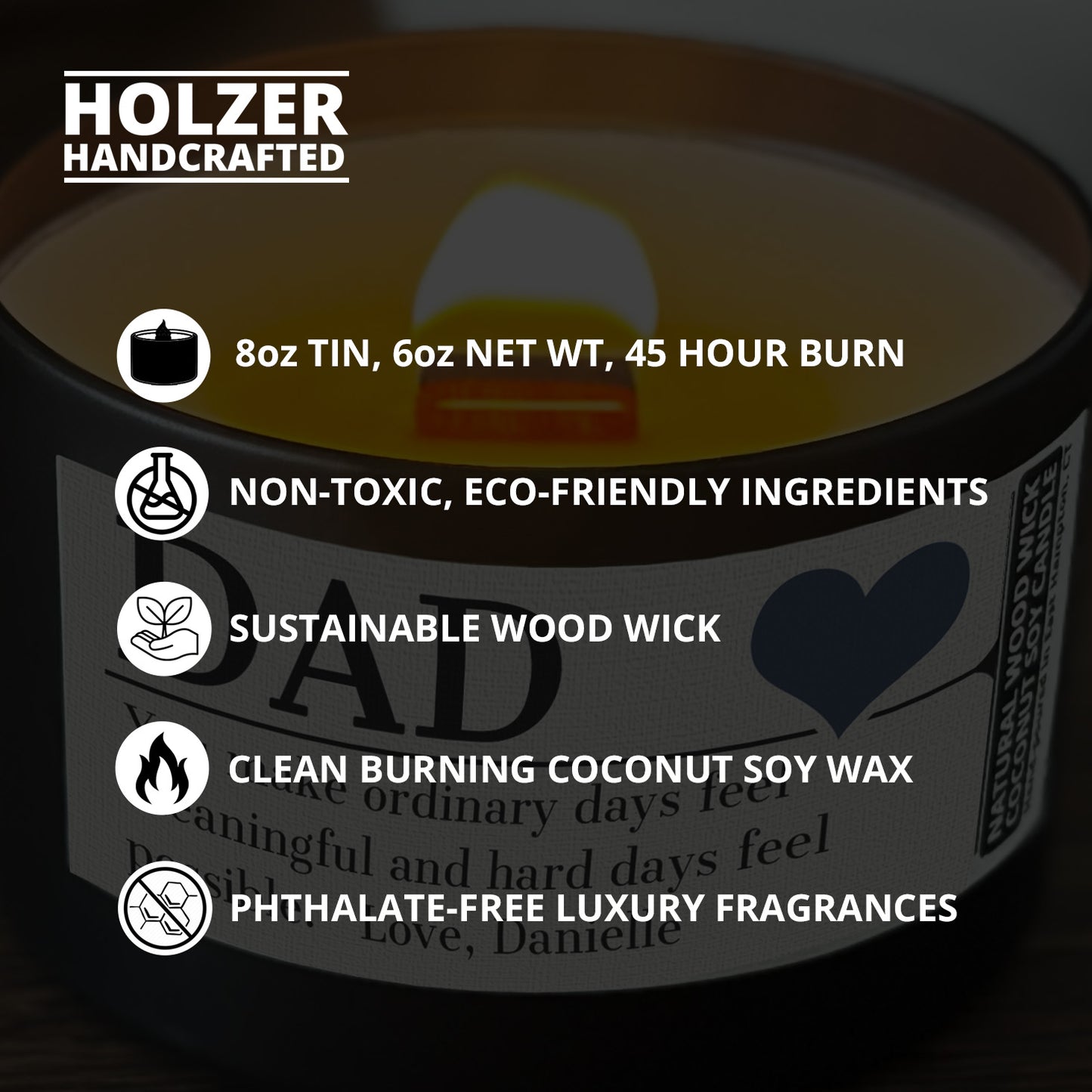 Personalized Wood Wick Candle - Custom Dad, Grandpa, Special Guy Keepsake, Coconut Soy Wax, 6oz