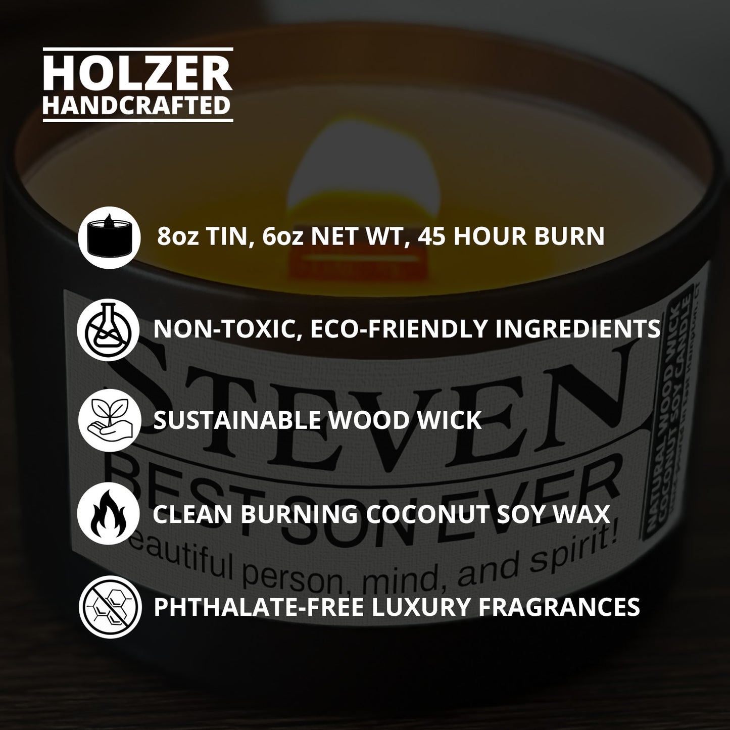 Personalized Wood Wick Candle - Custom Best Son Keepsake, Coconut Soy Wax, 6oz