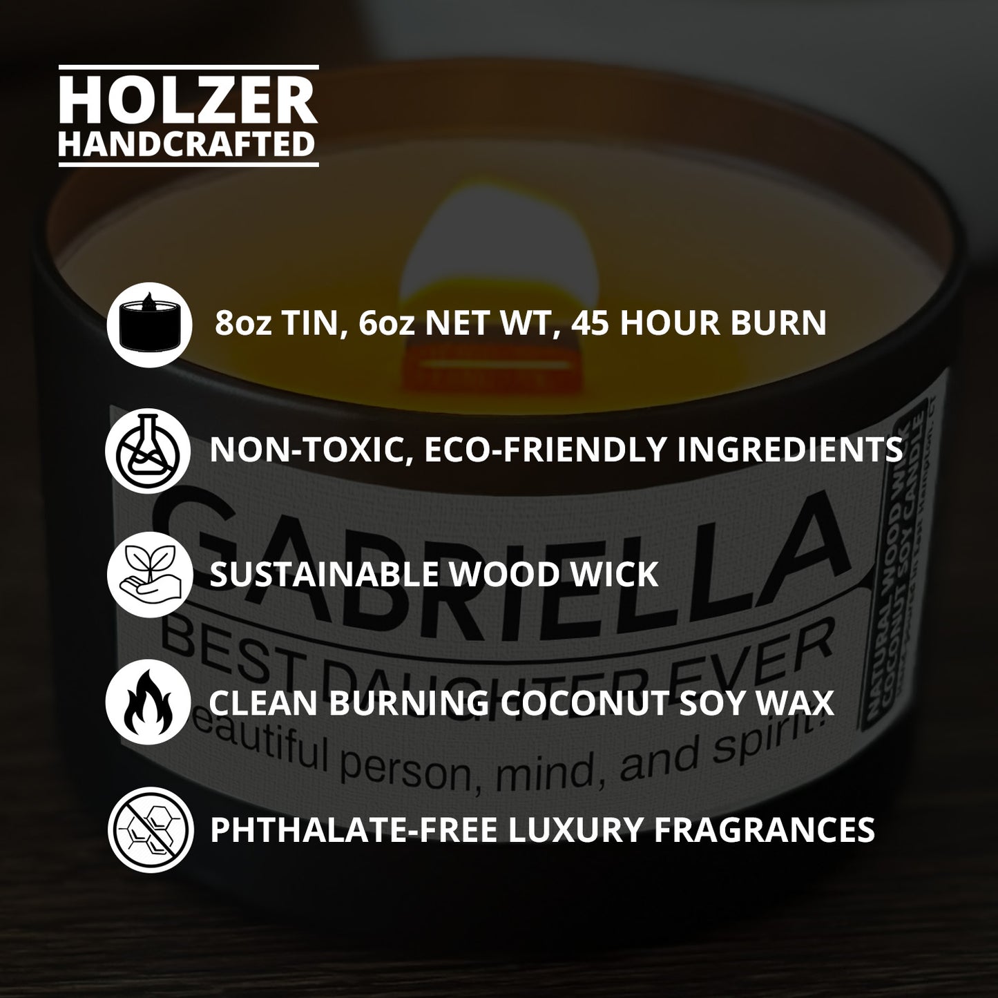 Personalized Wood Wick Candle - Custom Best Daughter Keepsake, Coconut Soy Wax, 6oz