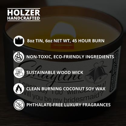 Personalized Wood Wick Candle - Custom Bridesmaid, Maid of Honor Proposal, Coconut Soy Wax, 6oz