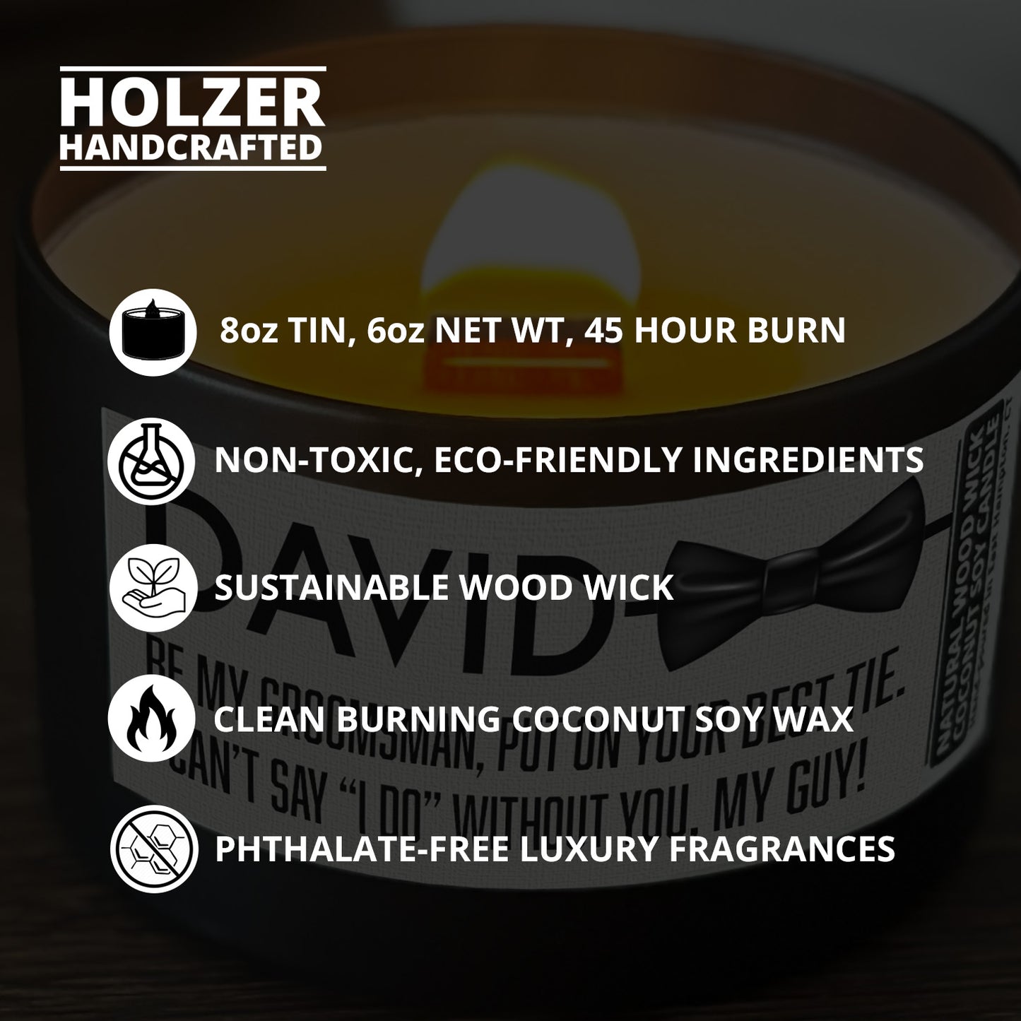 Personalized Wood Wick Candle - Custom Groomsman, Best Man Keepsake, Coconut Soy Wax, 6oz