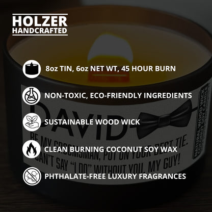 Personalized Wood Wick Candle - Custom Groomsman, Best Man Keepsake, Coconut Soy Wax, 6oz
