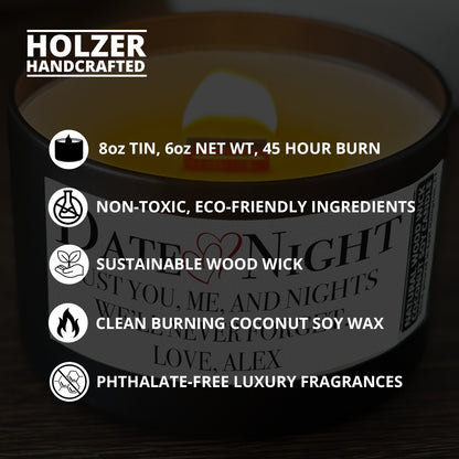 Personalized Wood Wick Candle - Couples Date Night Keepsake, Coconut Soy Wax, 6oz