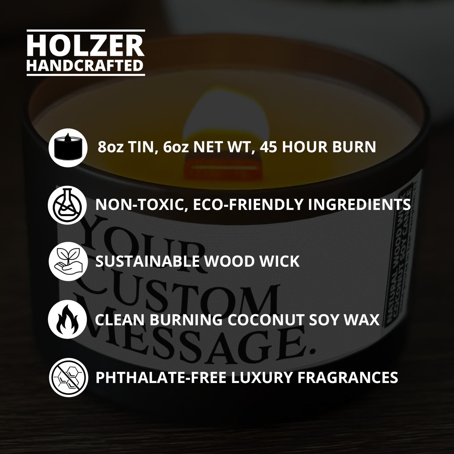 Personalized Wood Wick Candle - Your Custom Text Keepsake, Coconut Soy Wax, 6oz