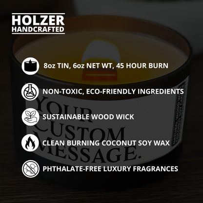 Personalized Wood Wick Candle - Your Custom Text Keepsake, Coconut Soy Wax, 6oz