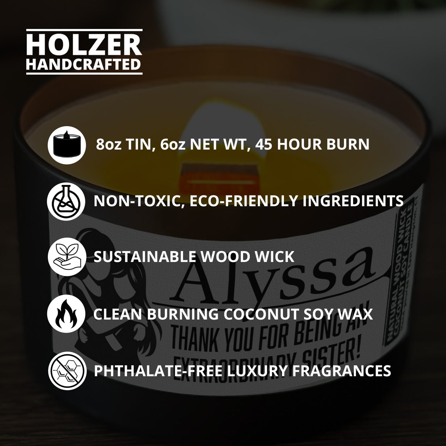 Personalized Wood Wick Candle - Custom Best Sister Keepsake, Coconut Soy Wax, 6oz