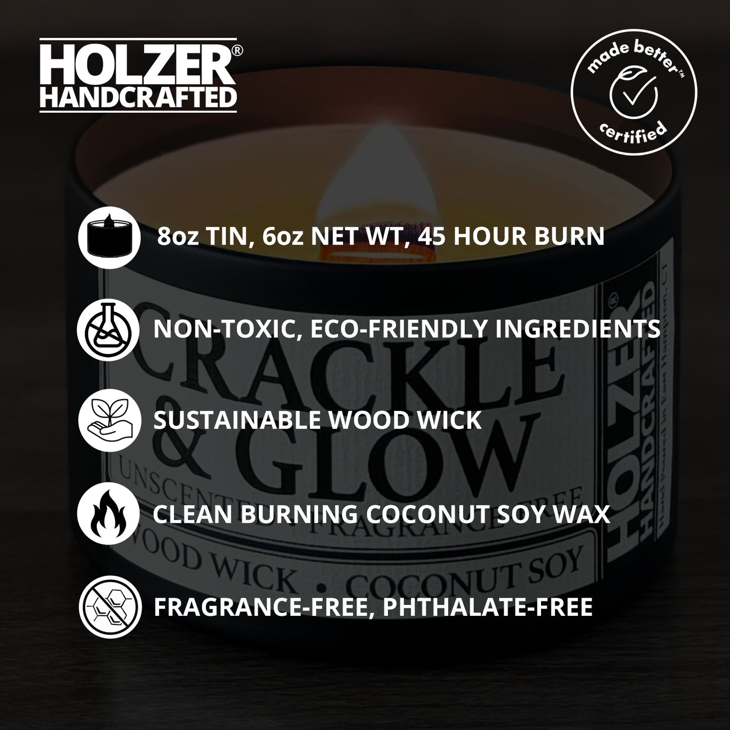 Fragrance-Free Unscented Natural Wood Wick Candle, 8oz Tin