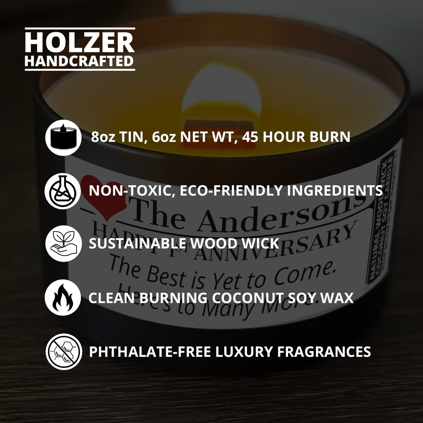 Personalized Wood Wick Candle - Custom Couples Anniversary Keepsake, Coconut Soy Wax, 6oz