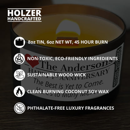 Personalized Wood Wick Candle - Custom Couples Anniversary Keepsake, Coconut Soy Wax, 6oz