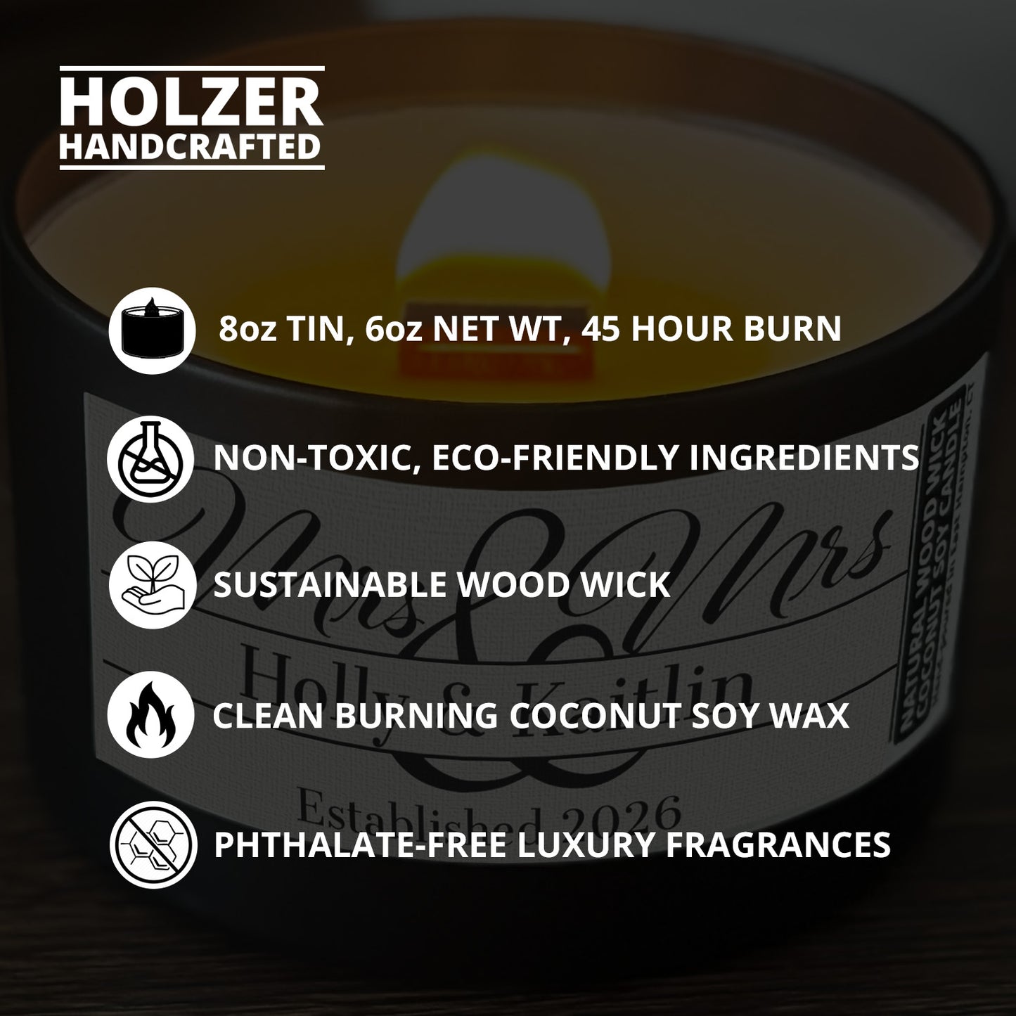 Personalized Wood Wick Candle - Custom Mrs & Mrs Wedding Keepsake, Coconut Soy Wax, 6oz