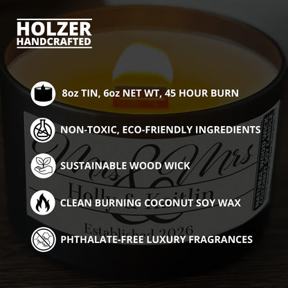 Personalized Wood Wick Candle - Custom Mrs & Mrs Wedding Keepsake, Coconut Soy Wax, 6oz