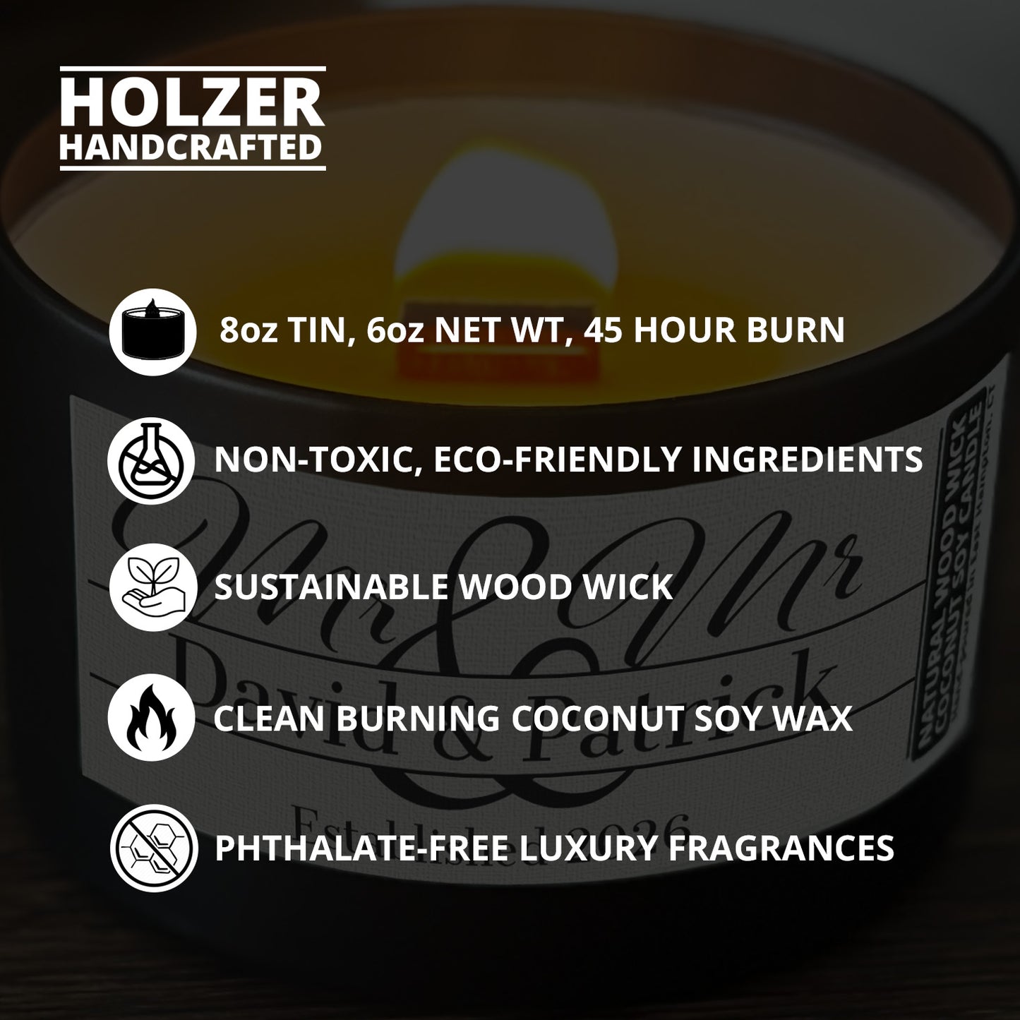 Personalized Wood Wick Candle - Custom Mr & Mr Wedding Keepsake, Coconut Soy Wax, 6oz