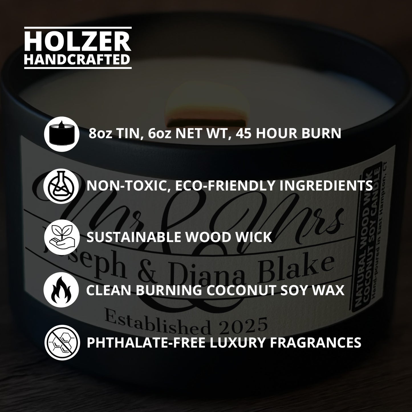 Personalized Wood Wick Candle - Custom Mr & Mrs Wedding Keepsake, Coconut Soy Wax, 6oz