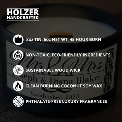 Personalized Wood Wick Candle - Custom Mr & Mrs Wedding Keepsake, Coconut Soy Wax, 6oz