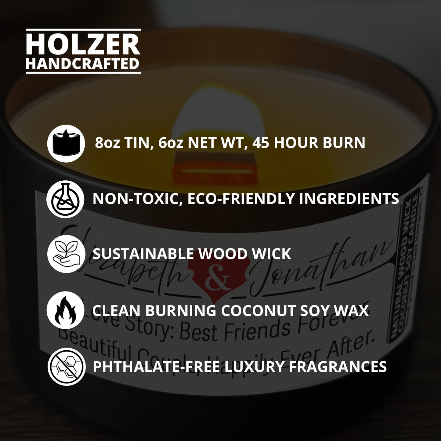 Personalized Wood Wick Candle - Custom Couples Keepsake, Coconut Soy Wax, 6oz