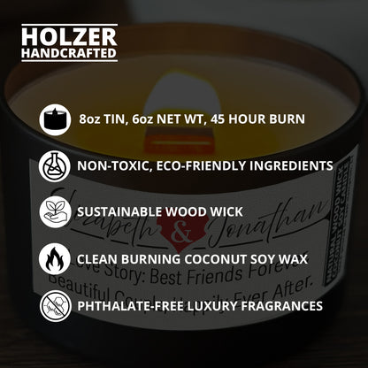 Personalized Wood Wick Candle - Custom Couples Keepsake, Coconut Soy Wax, 6oz