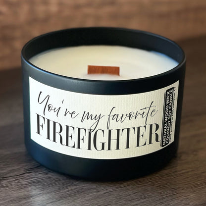 My Favorite Firefighter Custom Wood Wick Candle, Coconut Soy Wax, 8oz Tin