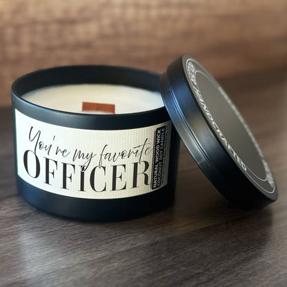 My Favorite Officer Custom Wood Wick Candle, Coconut Soy Wax, 8oz Tin