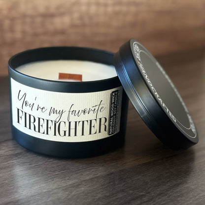 My Favorite Firefighter Custom Wood Wick Candle, Coconut Soy Wax, 8oz Tin