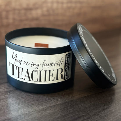 My Favorite Teacher Custom Wood Wick Candle, Coconut Soy Wax, 8oz Tin