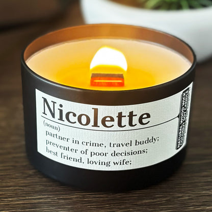 Personalized Wood Wick Candle - Custom Name, Noun, Definition Keepsake, Coconut Soy Wax, 6oz